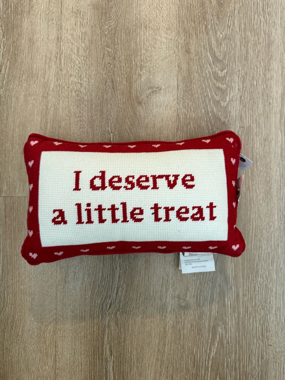 Needlepoint Decorative Pillow - Red "I deserve a little treat"